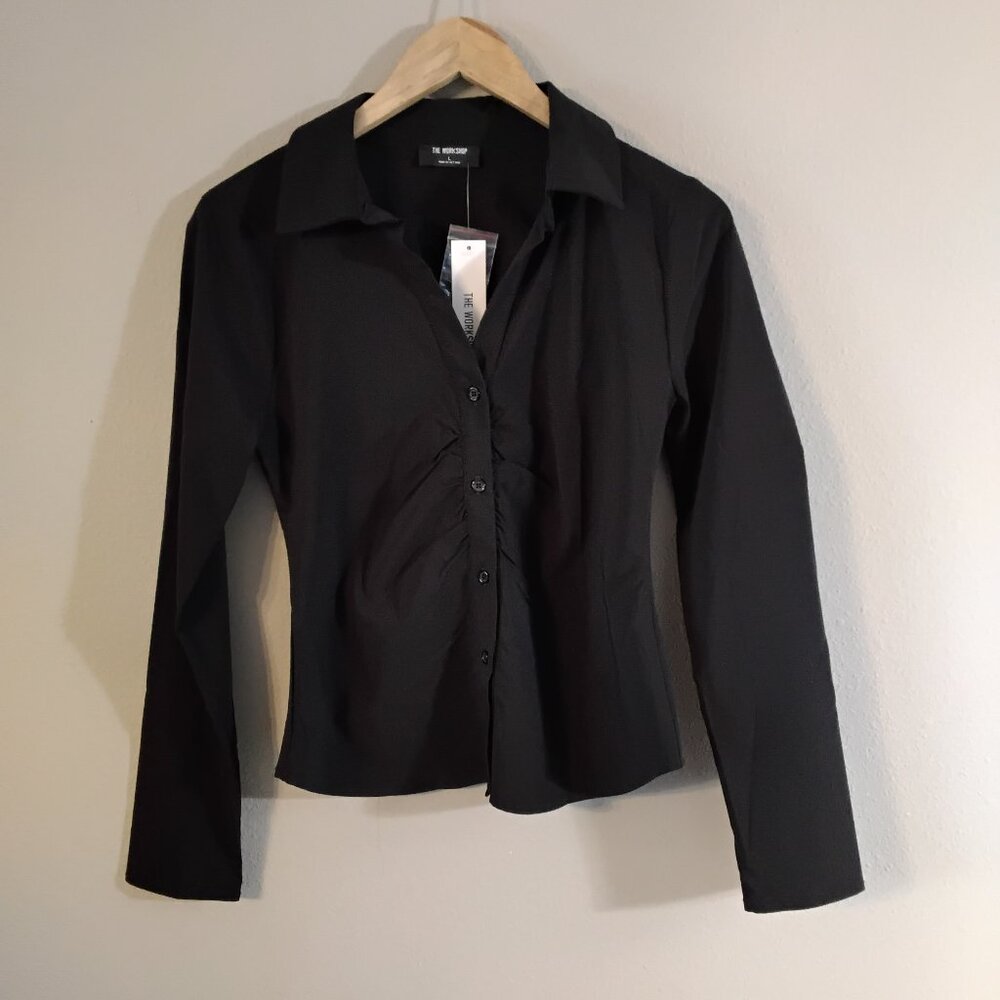 Cotton blend button up shirt, The workshop, women's fitted black blouse in a L